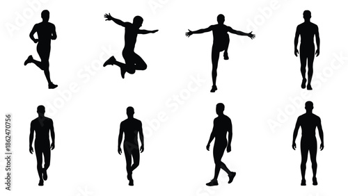 Silhouettes of people in various walking running and jumping poses