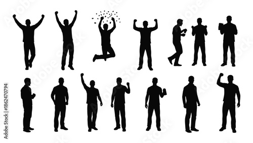 Silhouettes of people in various dynamic poses celebrating and expressing joy