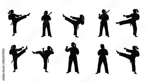 Silhouette illustrations depicting various dynamic martial arts poses and movements