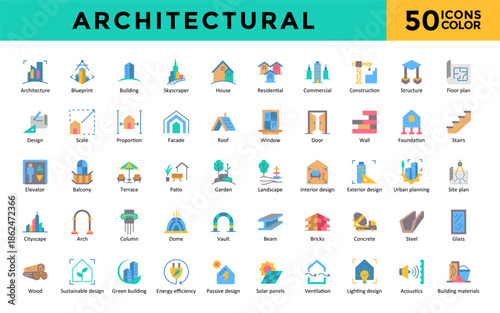 Architectural icons set with architecture, blueprint, building, energy efficiency, passive design, ventilation, lighting design, acoustics icon. Simple color vector 
