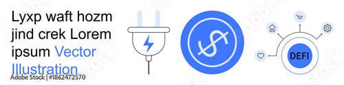 Financial technology, blockchain, decentralized finance, cryptocurrency, digital payment systems, energy consumption. Plug and socket, dollar sign, and DeFi blockchain network connections