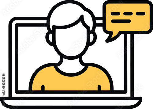 Yellow speech bubble with text emerging from a laptop screen with a person