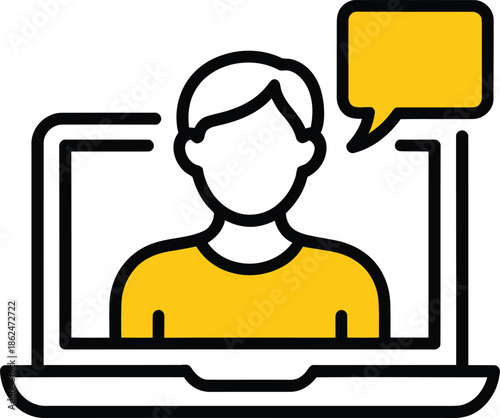 Yellow shirt person with speech bubble on laptop screen