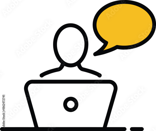Person with speech bubble and laptop computer yellow
