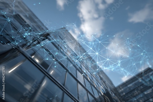 Modern skyscraper facade with digital network overlay
