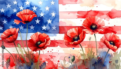 Watercolor painting of poppies and the American flag