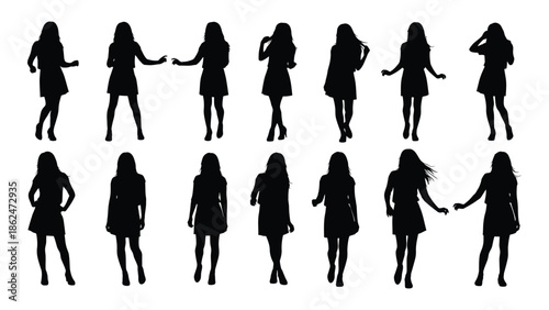 Collection of female silhouettes in various poses and short dresses