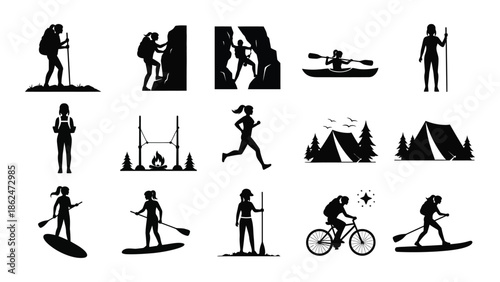 Silhouette collection depicting various outdoor recreational activities and wilderness scenes