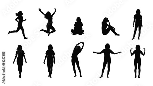 Silhouettes of people in various dynamic poses and activities depicted