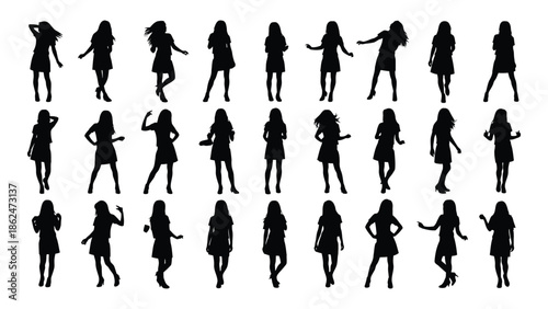 Collection of diverse female silhouettes in various poses and dress styles