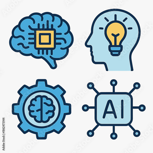 Artificial Intelligence Icons Set – Brain, Idea, Machine Learning, AI Chip Vector Illustration