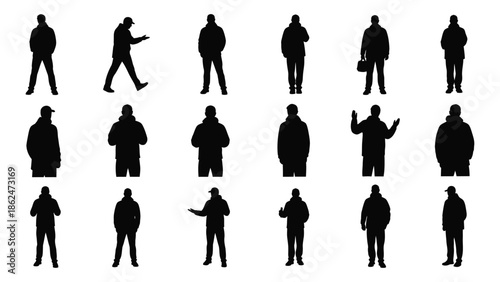 Silhouettes of people in various poses demonstrating human actions and forms
