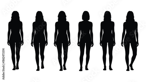 Silhouettes of six women standing in a row showcasing diverse body shapes