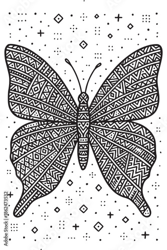 Vector illustration of a butterfly shape filled with unique ethnic patterns, designed with intricate details and balanced symmetry to create a cultural, artistic, and visually striking composition.