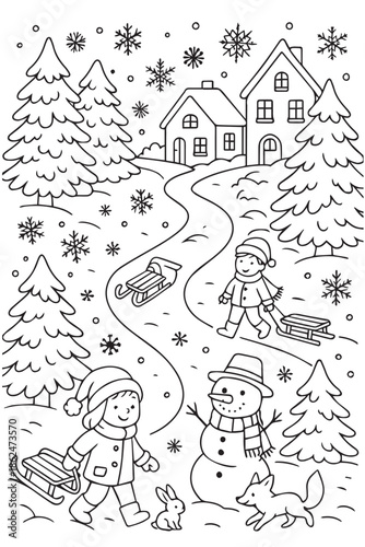 Vector cartoon art showing two little kids beside a snowman in a snowy outdoor scene, designed with playful poses, festive Christmas mood, and a warm, happy winter atmosphere.