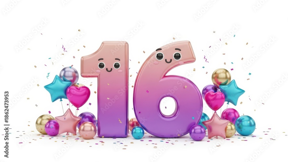 Obraz premium Cute 3D Render Number 16 with Gradient Pink Purple, Party Balloons, and Confetti