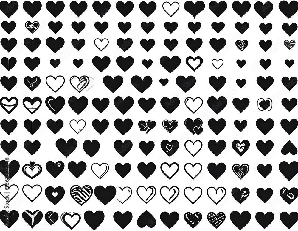 Fototapeta premium Grid of many black and white heart illustrations in various shapes and styles