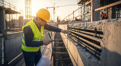 Construction Site Inspection: A focused construction worker meticulously examines the structural integrity of a new building.