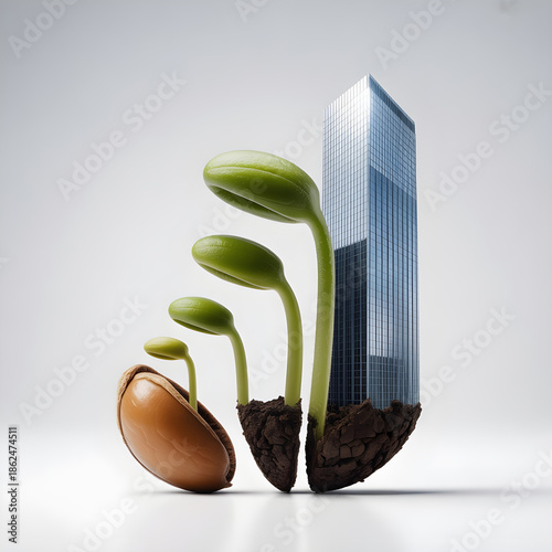 Small seed transforming upward into modern skyscraper, clean studio background, realistic lighting, ultra high resolution