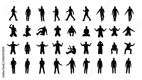 Silhouettes of people in various dynamic poses and walking actions
