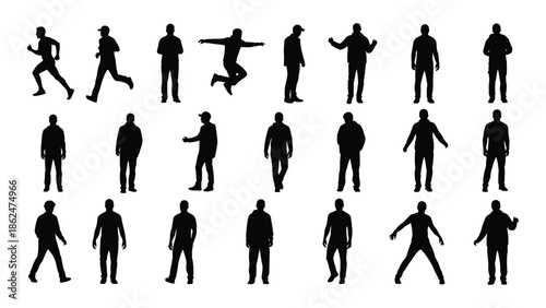 Silhouettes of people in various dynamic poses and actions displayed together