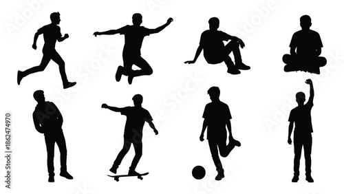 Silhouettes of people in various dynamic poses and activities illustrated
