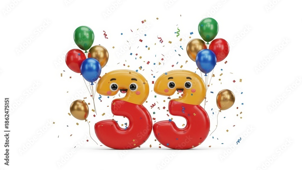 Naklejka premium Cute number 33 balloon characters with smiling faces, 33rd birthday celebration with colorful balloons and confetti, festive anniversary party design