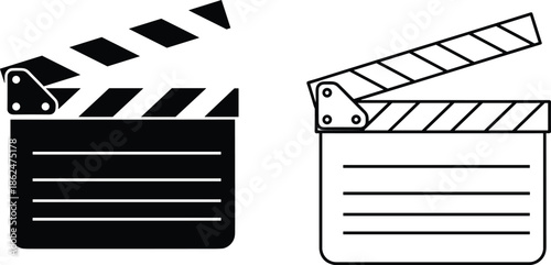 Black and White Movie Film Clapperboard Vector Illustration Icon Set Isolated on White Background for Cinema Video Production and Media Industry