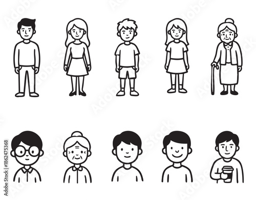 Hand Drawn People Characters and Family Life Icons Set
