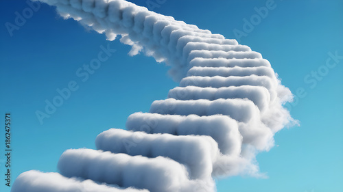 Staircase made of soft white clouds leading upward into bright blue sky, dreamy yet realistic lighting, high dynamic range, clean composition, ultra high resolution stock photo style