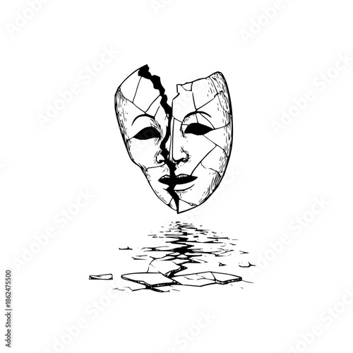 Broken mask illustration shattered identity concept cracked face reflection symbolic artwork design drawing