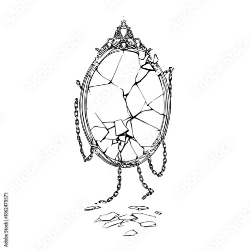 Broken mirror drawing antique vintage illustration shattered glass chain vector artwork for design and print