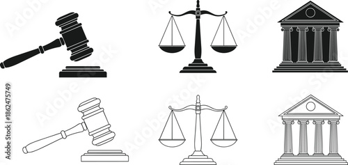 Legal System Icons Set Featuring Gavel Scales of Justice and Courthouse Building in Solid Black and Thin Line Vector Style