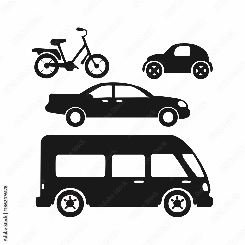 Naklejka premium Vector collection of transportation icons featuring a flat design set of cars, bicycle, buses, and delivery vehicles for traffic and auto service logos
