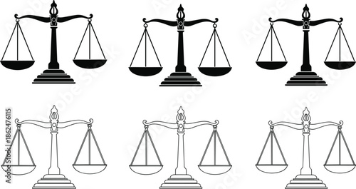 Scale of Justice Vector Icon Set Featuring Linear and Silhouette Designs for Law Legal Systems Courtroom Equality and Judgement Concepts