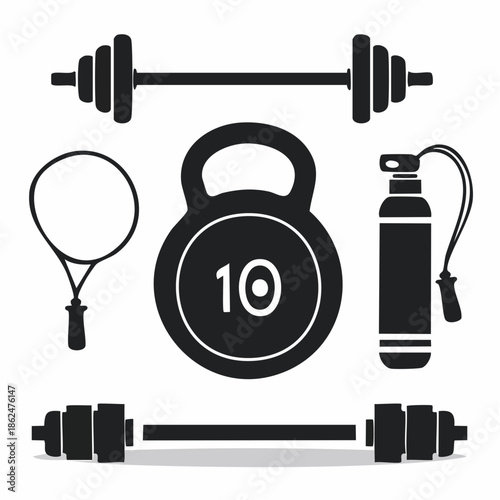 Heavy 3d illustration of a metal iron barbell and set of dumbbells isolated on white for bodybuilding strength training and fitness gym exercise