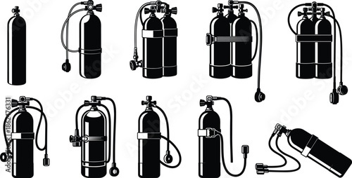 Set of Scuba Diving Oxygen Tank Icons and Underwater Breathing Equipment Illustrations with Regulators for Professional Marine Sports Design Assets