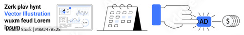 Marketing campaigns, financial planning, business strategy, digital analytics, time management, advertising revenue. Charts, calendar hand pressing an ad button connecting to money icon. Marketing