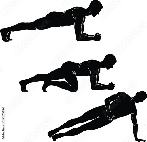 Silhouette set of male athlete performing forearm plank mountain climber and side plank exercises for core strength and fitness training