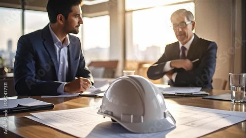 Two Architects Discuss Blueprints and Hard Hat on Table.