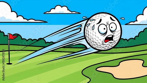 Funny Golf Ball Flying Comic Illustration