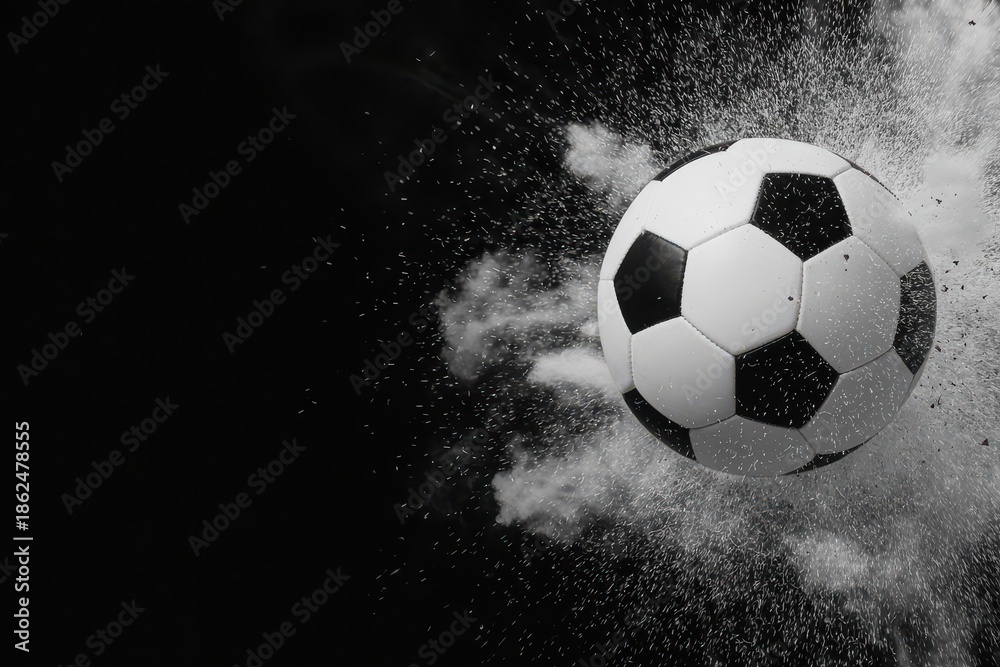 Naklejka premium Dramatic black and white soccer ball exploding with powder football monochrome powder explosion