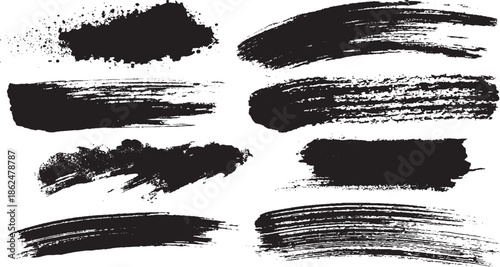 Black dried paint splattered in dirty style. Isolated black ink stencils for graphic design, text Vector scratches rough white background brush strokes modern black hand painted grunge brush stroke