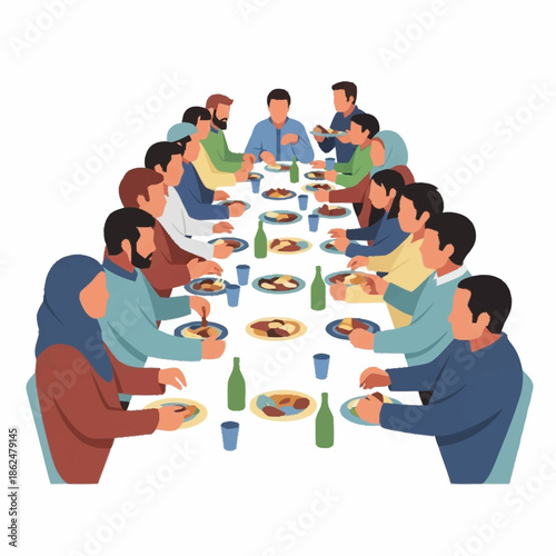 Diverse group of people sharing a meal at a long table.