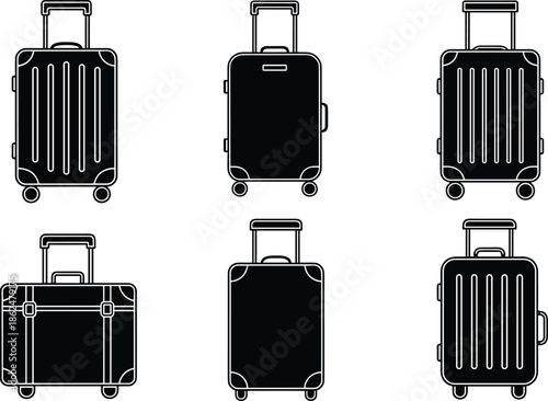 Set of black silhouette vector icons of travel suitcase and luggage bags with wheels for business trip vacation. (18 words)
