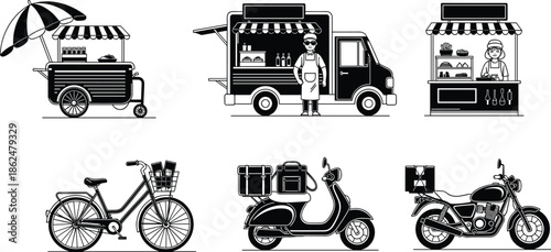 Street Food Carts, Delivery Vehicles, Urban Vendor Stalls, Bicycle Courier, Scooter Transport, Motorcycle Taxi – Black and White Vector Set