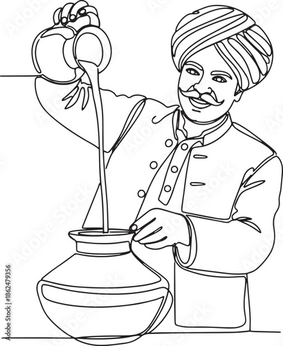 Indian man in turban pouring tea line art illustration isolated 