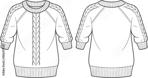 Knitted sweater fashion illustration, cable knit design, front and back view, technical drawing, ribbed cuffs, round neck, garment sketch, vector