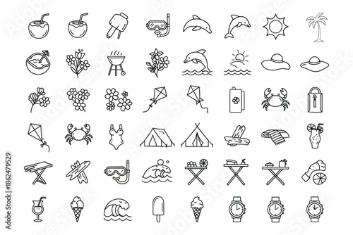 Summer vacation icons, beach, travel, leisure, outdoor activities, relaxation, fun, adventure, tropical getaway, sunny