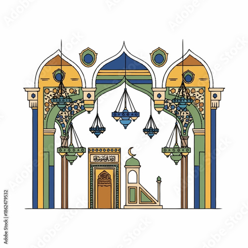 Intricate Mosque Interior Design with Arches and Chandeliers.